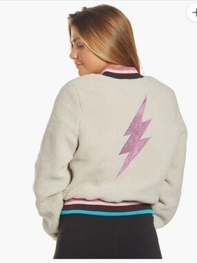 Spiritual Gangster Cream Sherpa Bomber Jacket with Pink Lightning